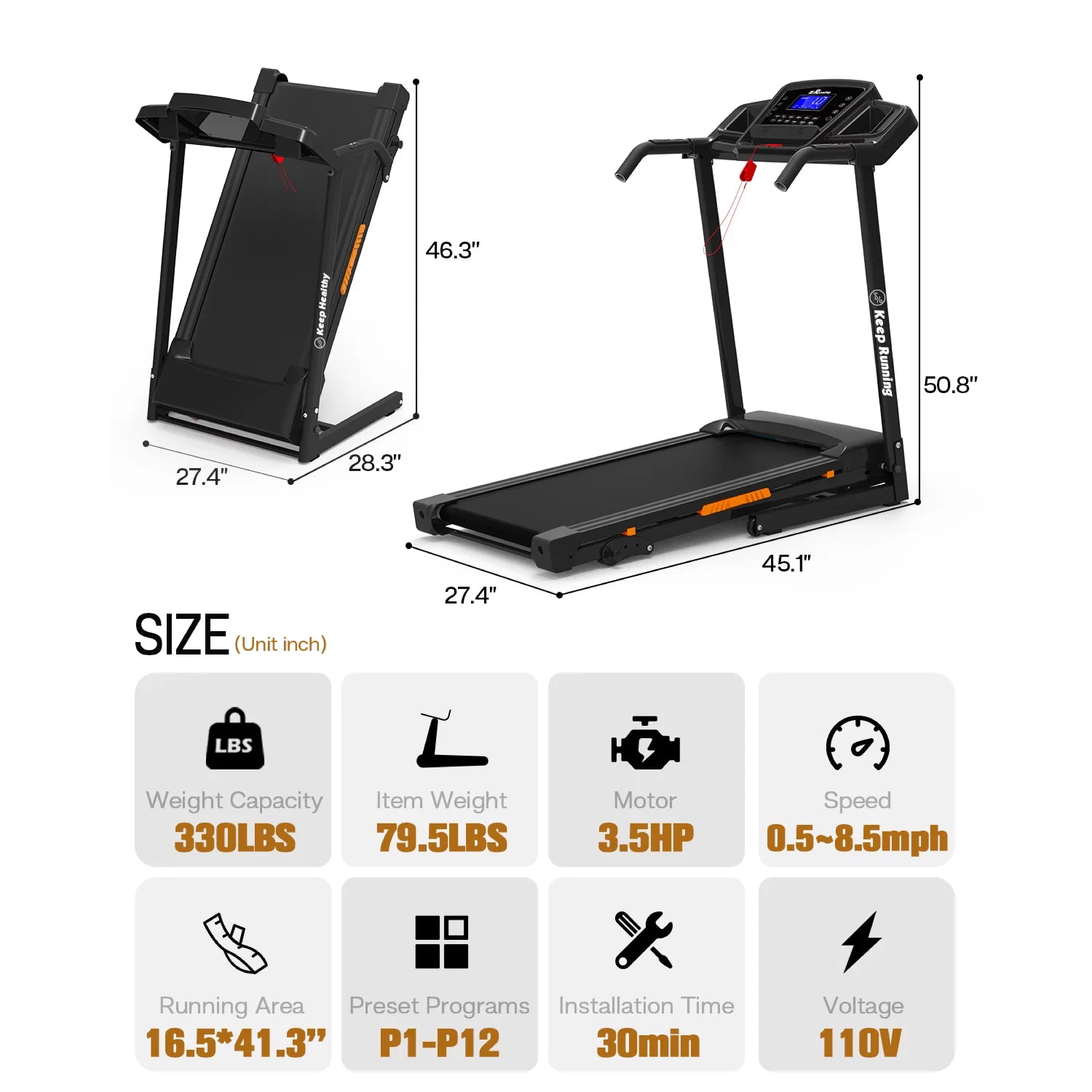 3.5HP Folding Treadmills for Home with 265Lb Capacity Bluetooth and Incline Portable Running Machine Electric Compact Treadmills Foldable for Exercise Home Gym Fitness Walking Jogging
