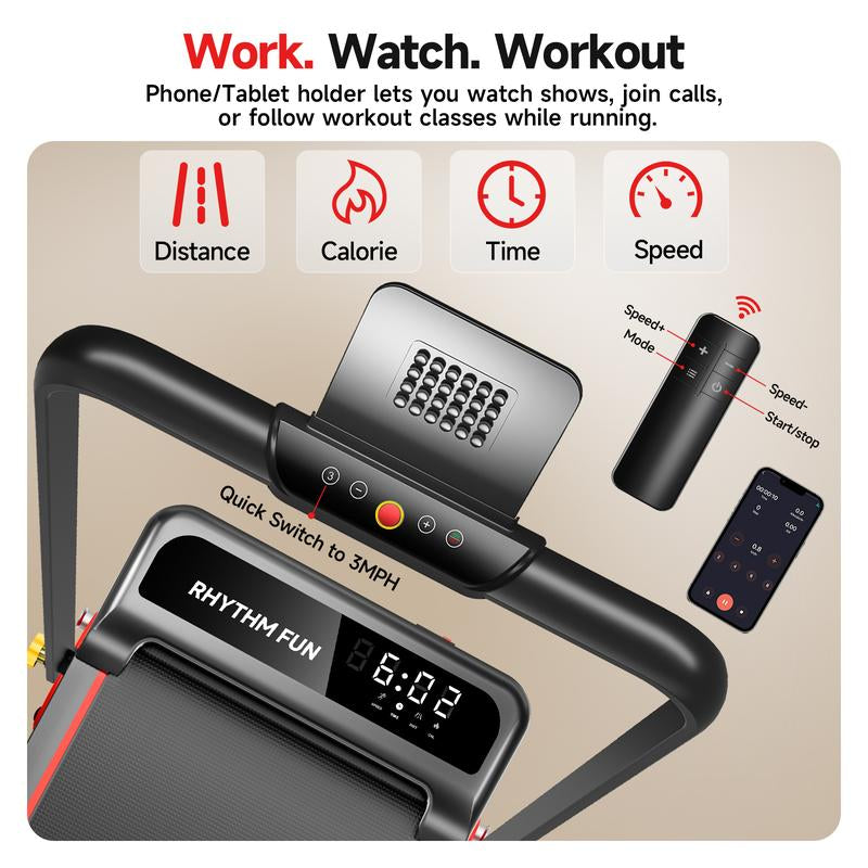 RHYTHM FUN Quiet Foldable Walking Treadmill with Remote – Exercise Treadmills Compact Running Pad for Apartment & Office,Gym Stuff Easy to Store under Desk, Incline Support, Space-Saving , Fallfreshness, No Installation Needed Treadmill for Home