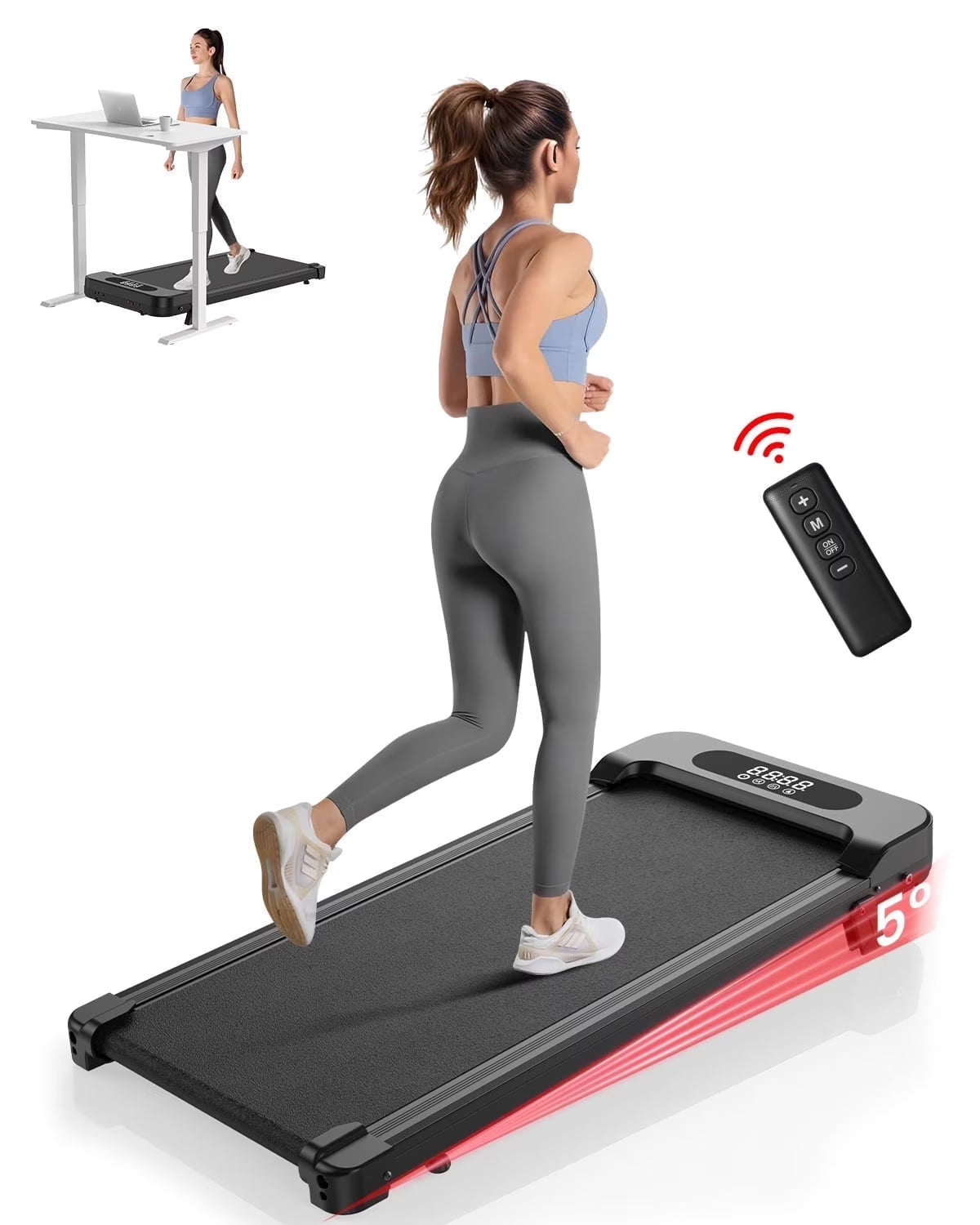 Incline Walking Pad, 4 in 1 under Desk Treadmill with Remote Control and LED Display, Compact Treadmill for Home & Office, Black