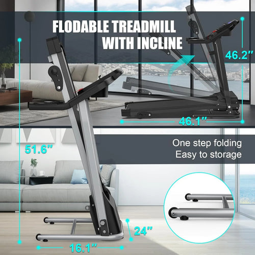 2.0HP Treadmill for Home Folding 240Lb Weight Capacity Walking Jogging Exercise Machine Health & Fitness Flexible Incline with HD Screen 3 Gear Adjustment Shock Absorber Running Belt