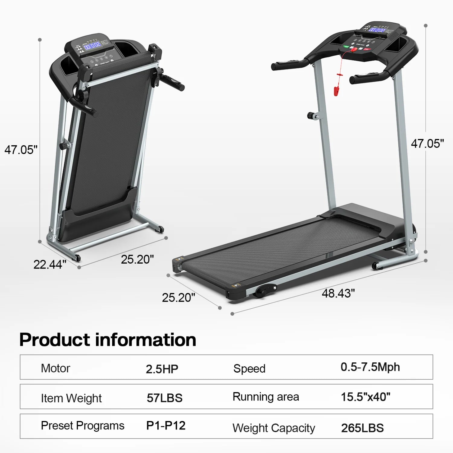 Incline Treadmills for Home Folding Treadmill for Running and Walking Jogging Exercise with 12 Preset Programs, Tracking Pulse, Calories