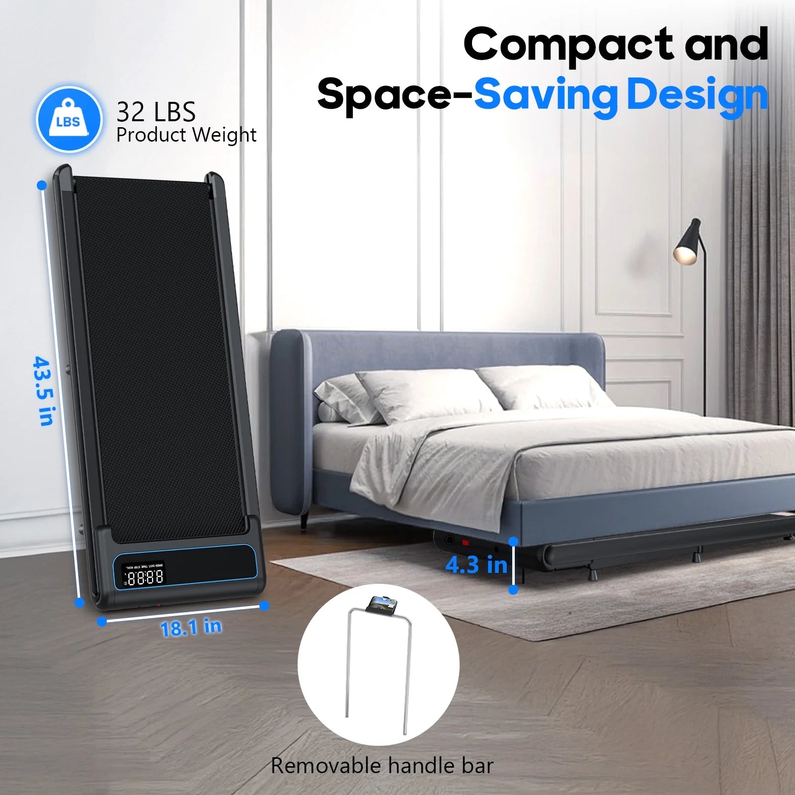 Walking Pad, 2.5 HP Treadmills for Home Small with Handles, 5 MPH under Desk Treadmill Walking Pad, 265 LBS