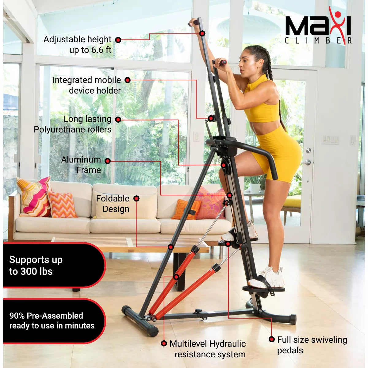 Maxiclimber Vertical Climber Exercise Machine, Home Gym Stepper for Cardio and Strength Training Total Body Workouts with Fitness App, XL-2000, Red