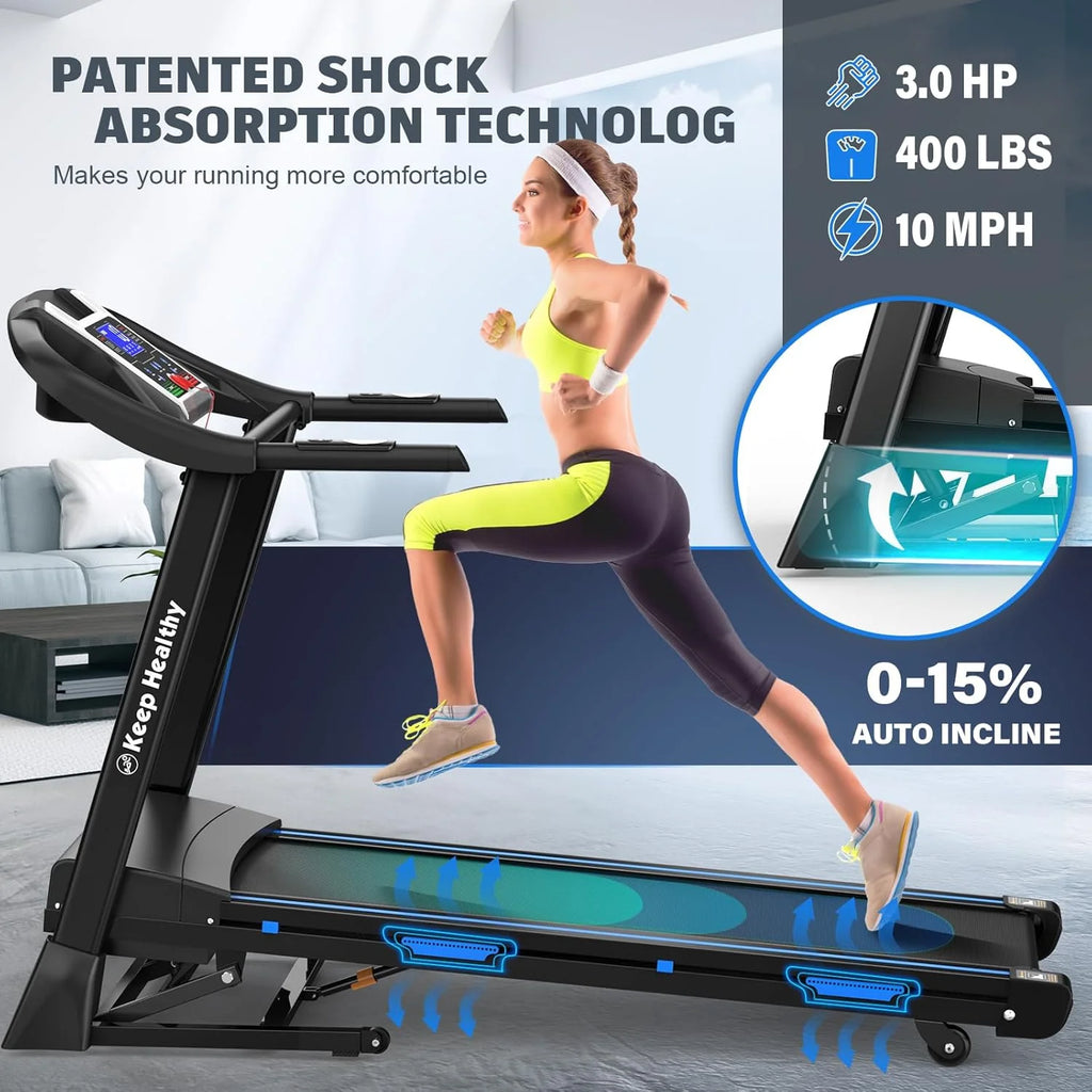 3.5HP Folding Treadmill with 15% Auto Incline 330Lb Capacity Bluetooth Smart APP Large Running Belt, Heart Rate Monitor, Easy Accembly, 12 Preset Programs, 9 Mph Speed, for Home Gym