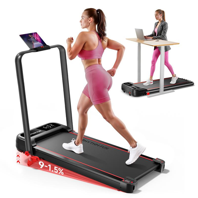 RHYTHM FUN Quiet Foldable Walking Treadmill with Remote – Exercise Treadmills Compact Running Pad for Apartment & Office,Gym Stuff Easy to Store under Desk, Incline Support, Space-Saving , Fallfreshness, No Installation Needed Treadmill for Home