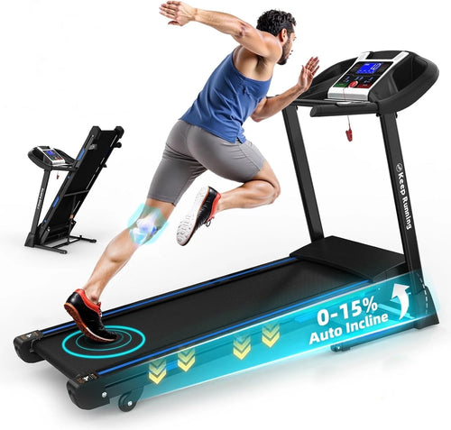 3.5HP Folding Treadmill with 15% Auto Incline 330Lb Capacity Bluetooth Smart APP Large Running Belt, Heart Rate Monitor, Easy Accembly, 12 Preset Programs, 9 Mph Speed, for Home Gym