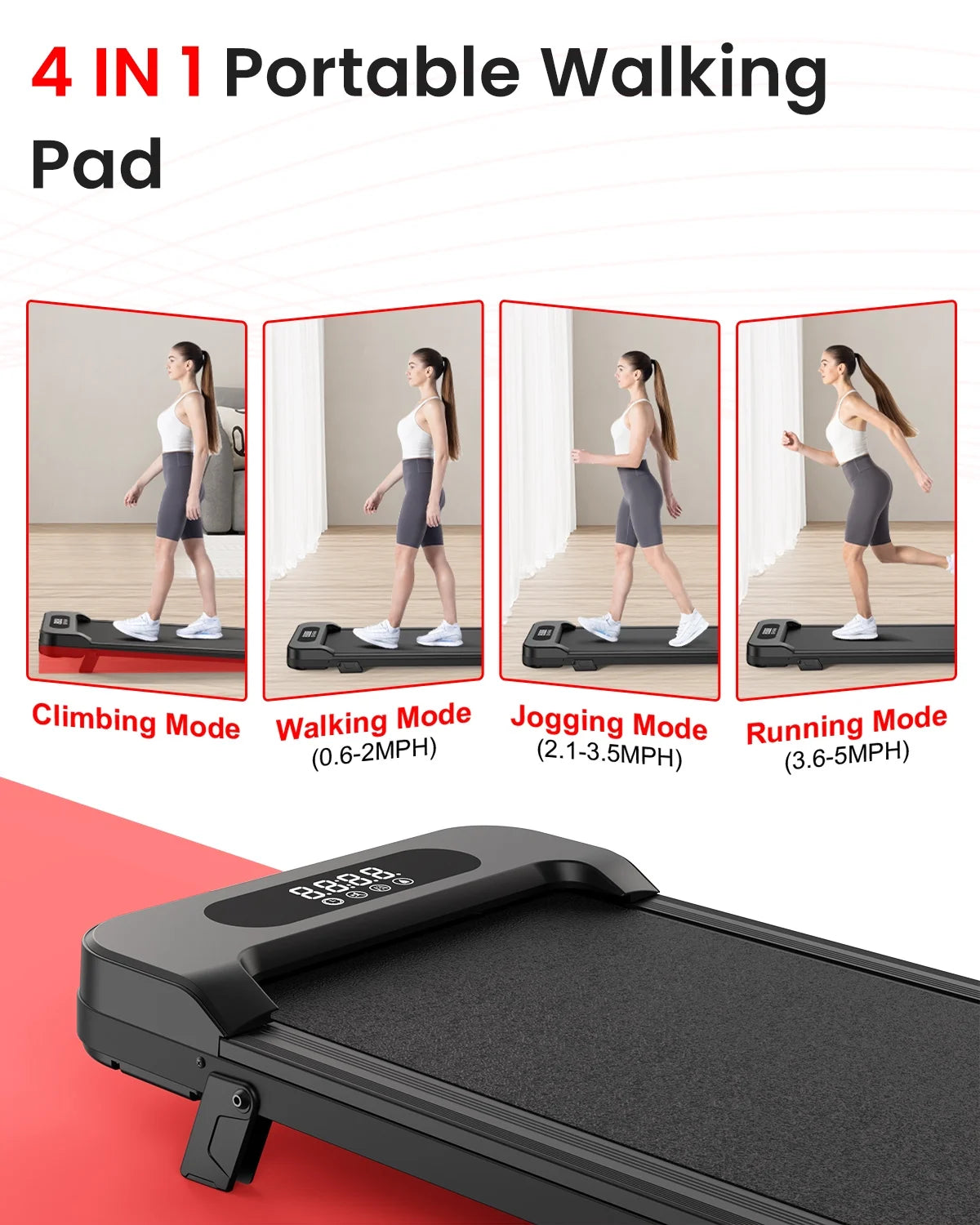 Incline Walking Pad, 4 in 1 under Desk Treadmill with Remote Control and LED Display, Compact Treadmill for Home & Office, Black